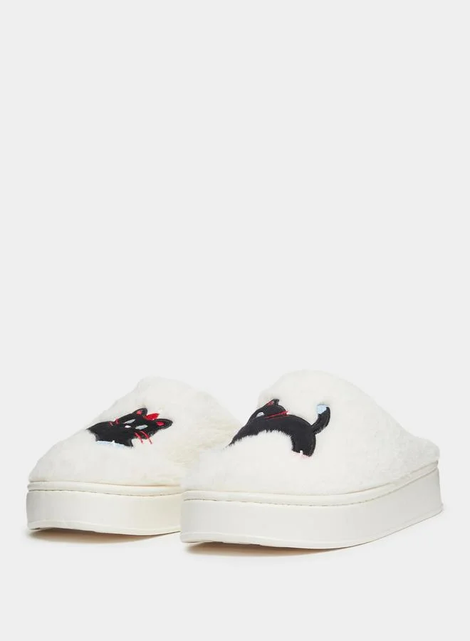 تايك تو شبشب غرفة نوم سادة مُطرّز بقطة